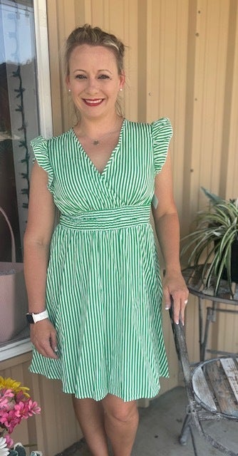 Striped Ruffle Trim Cap Sleeve Dress